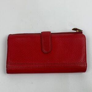 Fossil Deep Red Leather Wallet Gold Zippers Snap close Multiple Slip pockets